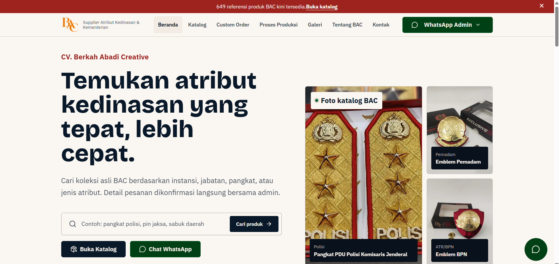 Halaman beranda CV. Berkah Abadi Creative dengan katalog atribut kedinasan