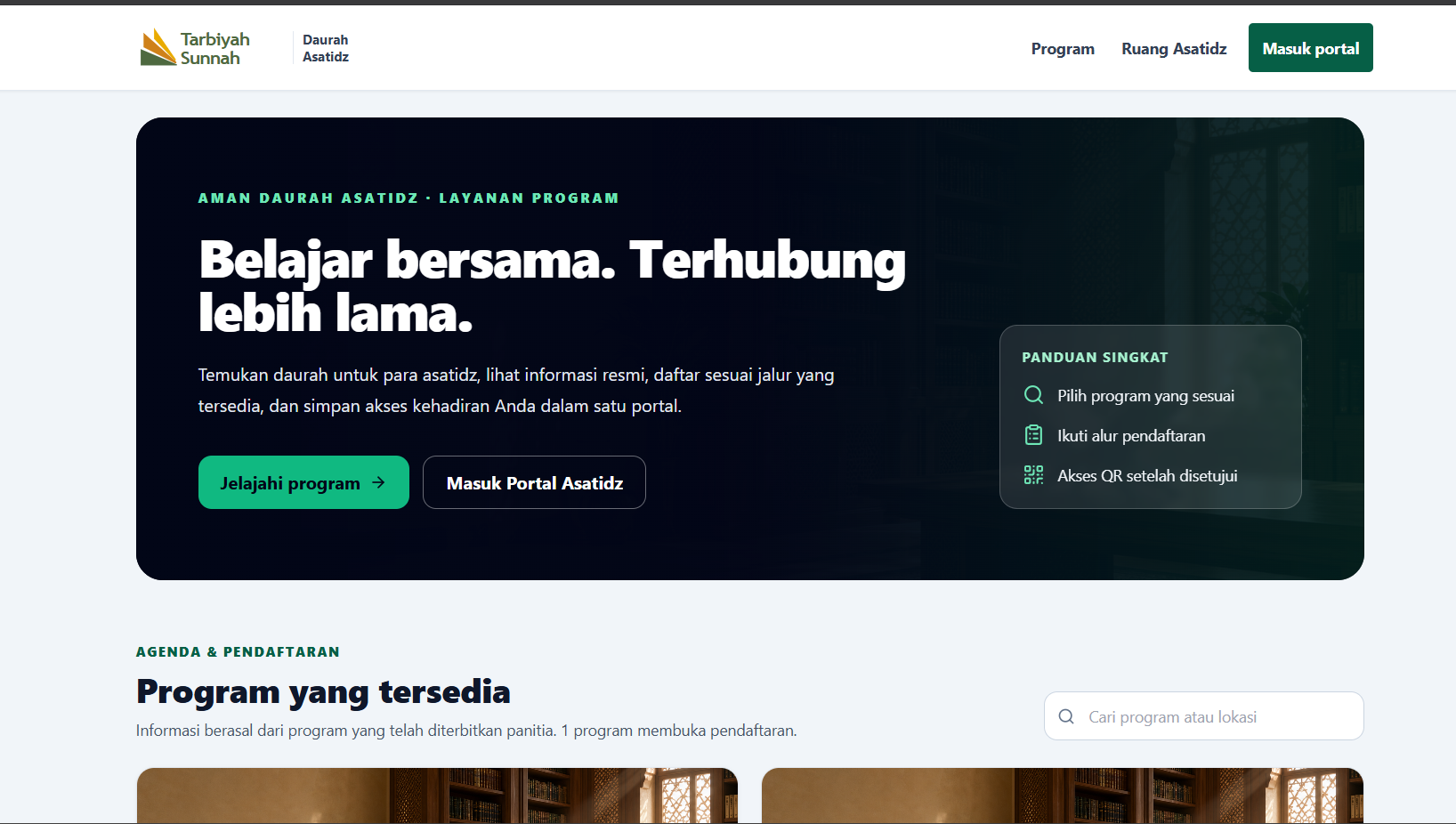 Halaman beranda portal Daurah Asatidz Tarbiyah Sunnah dengan agenda dan pendaftaran program