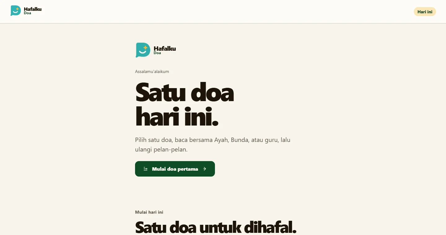 Halaman beranda Hafalku Doa dengan ajakan Satu doa hari ini dan tombol Mulai doa pertama