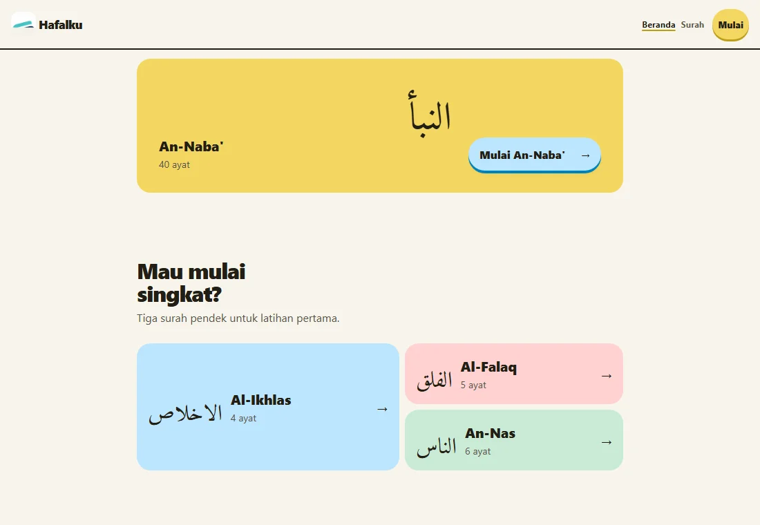 Tampilan Hafalku dengan pilihan surah An-Naba', Al-Ikhlas, Al-Falaq, dan An-Nas untuk memulai hafalan