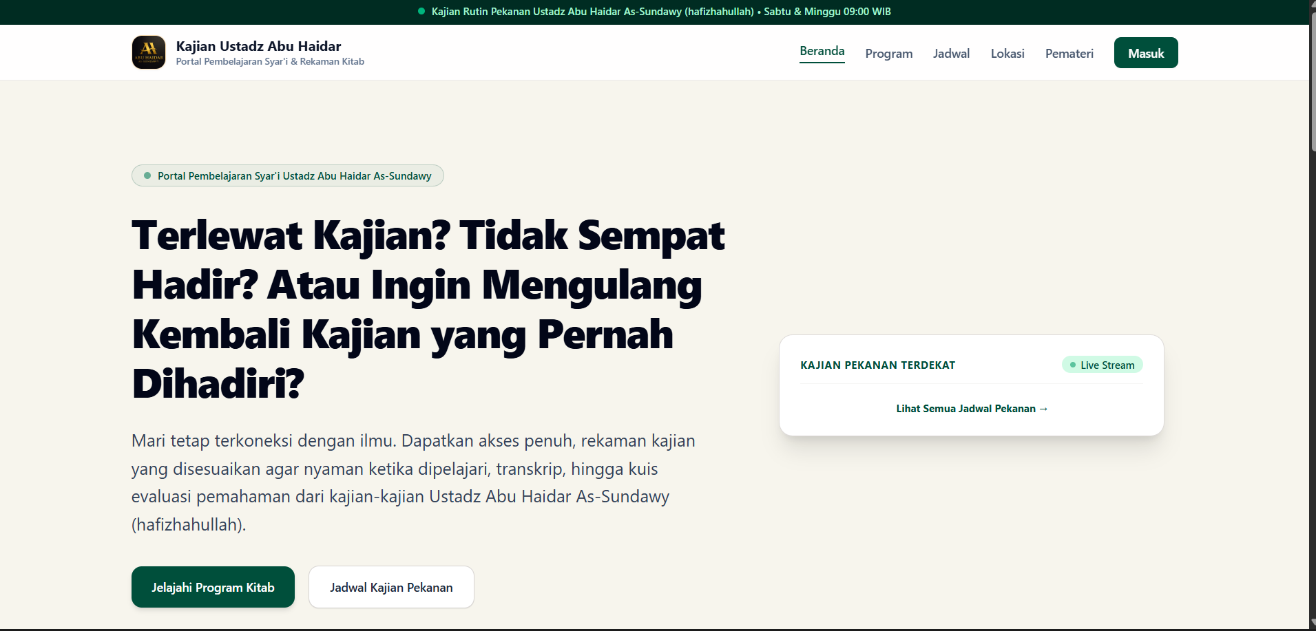 Halaman beranda pembelajaran online Kajian Ustadz Abu Haidar