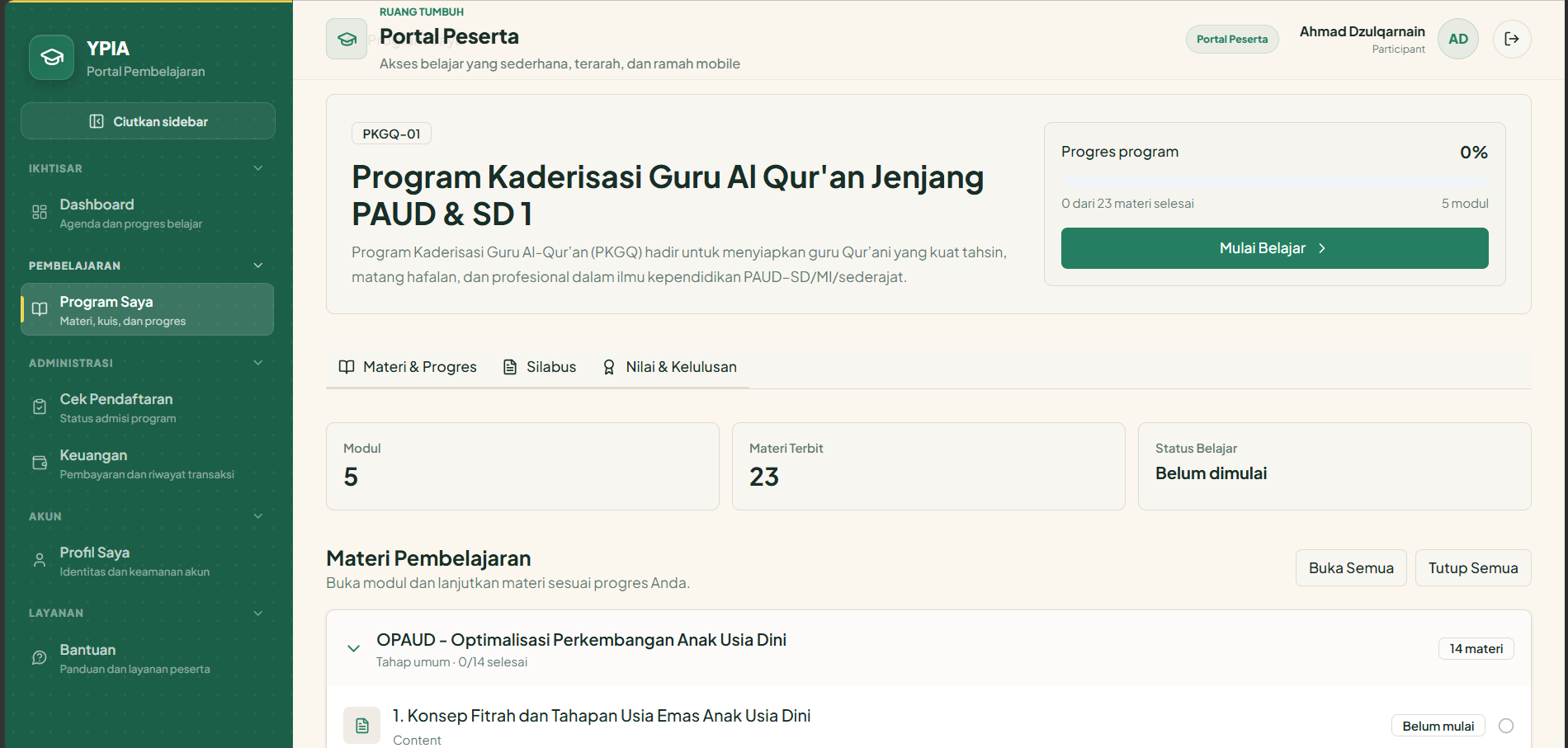 Portal peserta Learning Management System Yayasan Pendidikan Ihsanul Adab
