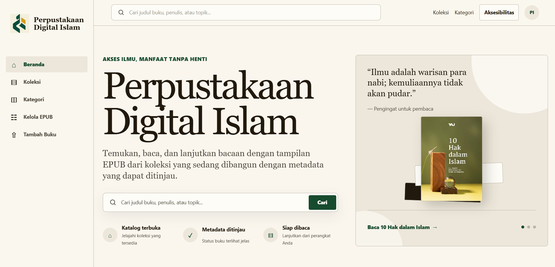 Halaman beranda Perpustakaan Digital Islam dengan koleksi e-book EPUB