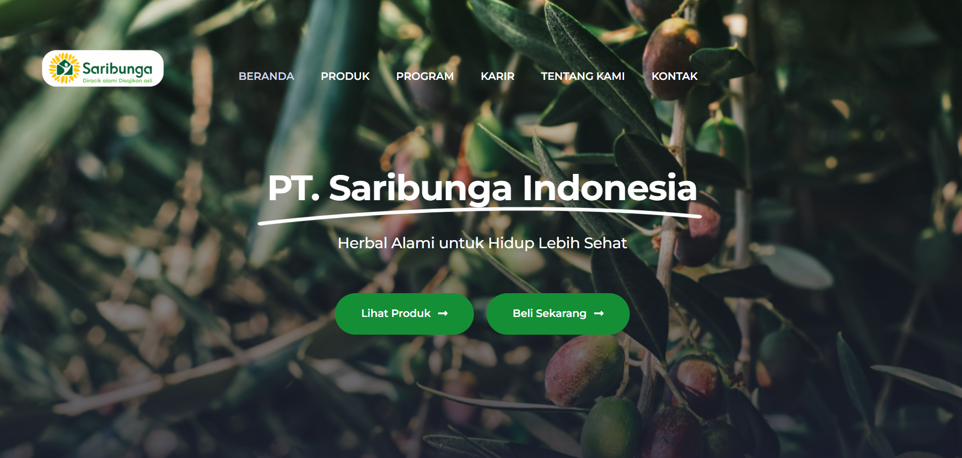 Halaman beranda PT Saribunga Indonesia dengan tagline herbal alami untuk hidup lebih sehat