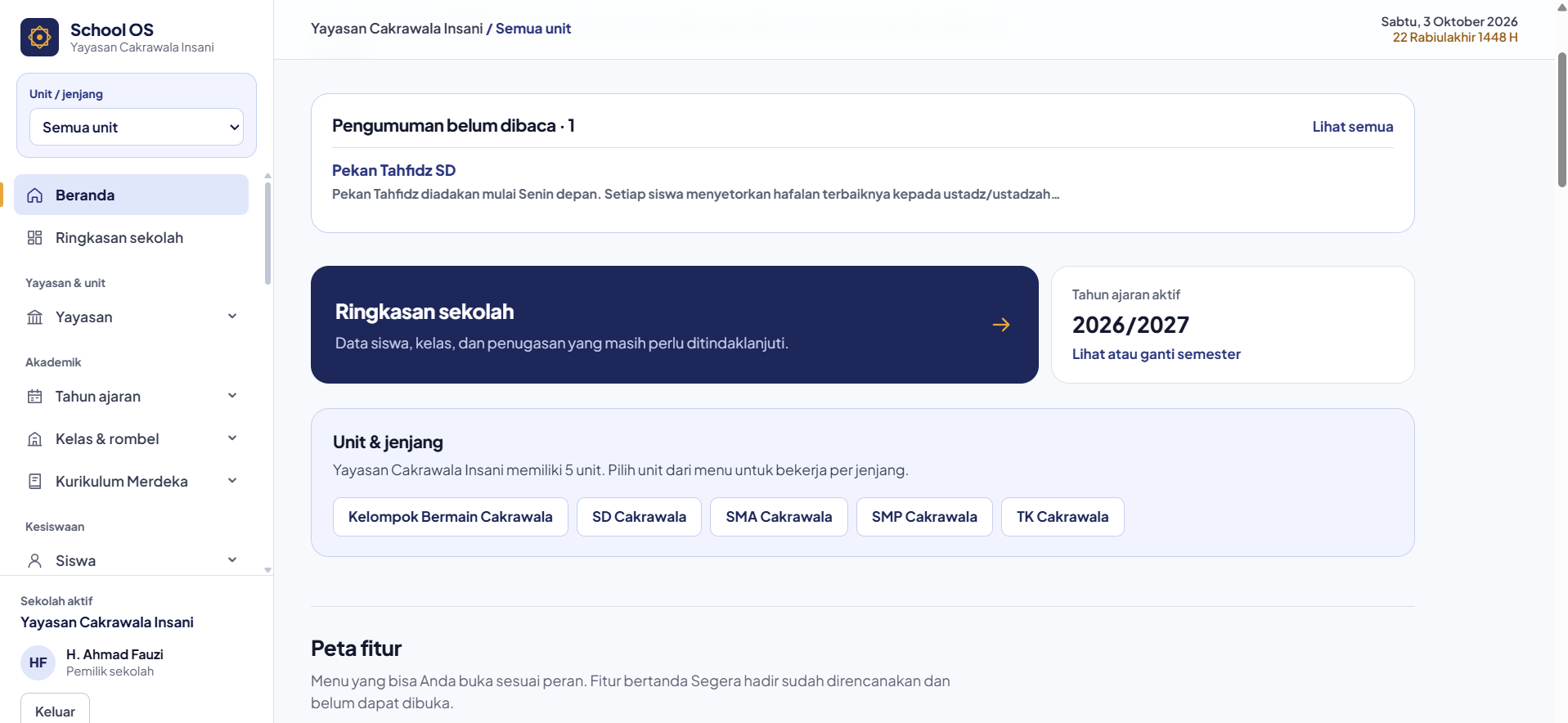 Dashboard School OS untuk Yayasan Cakrawala Insani dengan ringkasan sekolah dan peta fitur