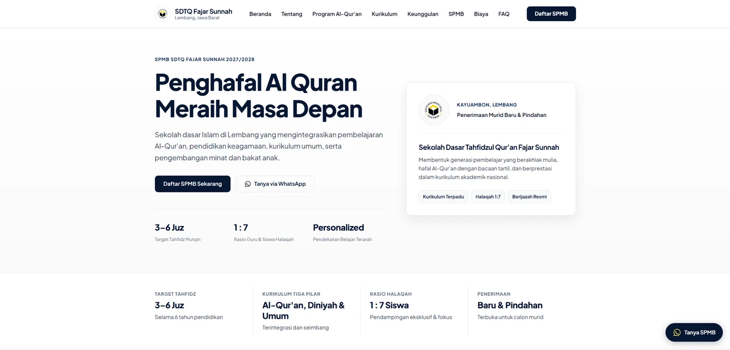 Halaman beranda SDTQ Fajar Sunnah dengan informasi sekolah dan penerimaan murid baru